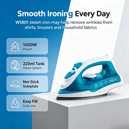 Ferro da stiro elettrico a vapore WETECH, serie W5801‑W5806, potenza massima 1200‑2200W, ideale per la stiratura dei capi, con funzione di autopulizia, controllo del vapore regolabile, piastra in acciaio/ceramica/antisciv