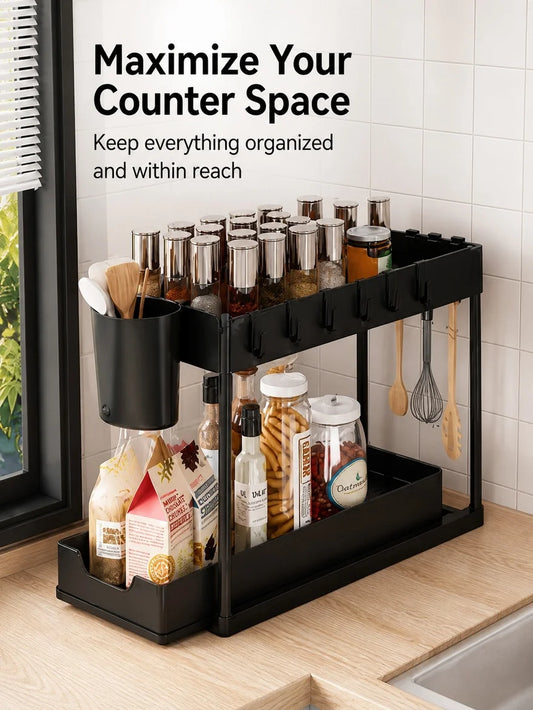Organizzatore a più livelli estraibile per bottiglie di spezie in cucina, scaffale multifunzionale per l'organizzazione del disordine sotto il lavello del bagno