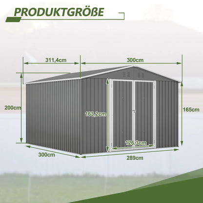 Capannone da Esterno in Metallo 10*10FT con Telaio di Supporto, Doppie Porte Chiudibili e Prese d'Aria, Edificio Impermeabile per lo Stoccaggio di Attrezzi da Giardino e Attrezzature per Prato.
