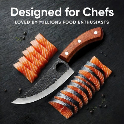 Coltello da Macellaio Professionale Forgiato a Mano con Manico in Legno, Coltello da Disosso in Acciaio Inossidabile, Coltello da Cucina Full Tang