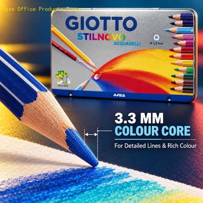 GIOTTO 12 matite colorate per acquerello in una scatola metallica, con mina da 3,3 mm, set per disegno e sfumature dai colori vivaci, ideale per studenti, artisti e appassionati di arte.