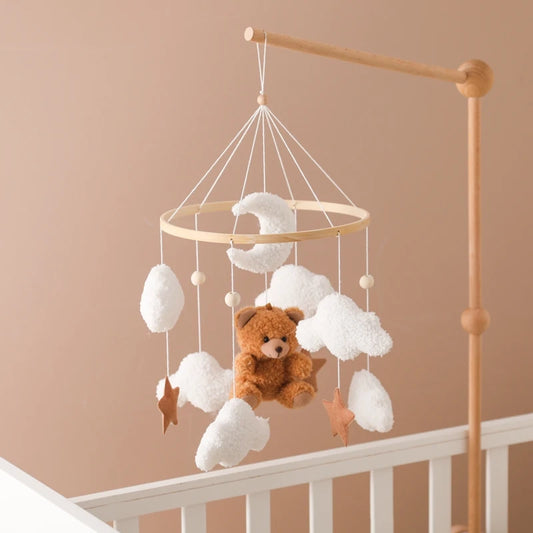 Mobile per culla in legno con sonaglio e campanello, giocattolo in feltro morbido a forma di orsetto, supporto per mobile, carillon per neonati, giocattolo da appendere al campanello del letto