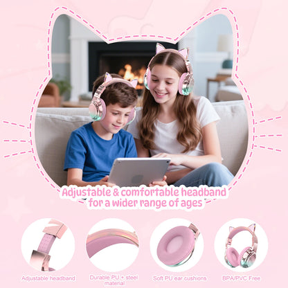 Cuffie wireless a forma di orecchie di gatto per ragazze e bambini, cuffie Bluetooth con volume sicuro 74/85/94dB, cuffie pieghevoli per bambini, ideali per i viaggi