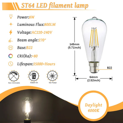 10 Lampadine LED E27 E14 B22 Stile Industriale Vintage, Retro Edison 8W 4W 6W 220V per Lampade a Filamento Incandescenti Edison