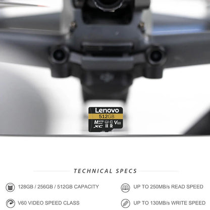 Scheda Micro SD Lenovo da 1024 GB, scheda di memoria TF per video Full HD da 512 GB, scheda di memoria Flash da 256 GB e 128 GB, classe 10, per GPS, MP4 e telecamere di sicurezza domestica.