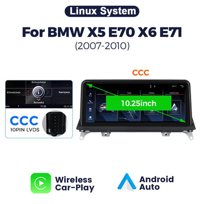 Sistema Multimediale Intelligente MEKEDE con CarPlay Wireless e Android Auto per BMW X5 E70 X6 E71, Schermo QLED da 10.25/12.3 Pollici, Android 14, CPU Snapdragon, Radio e Navigazione GPS per Auto