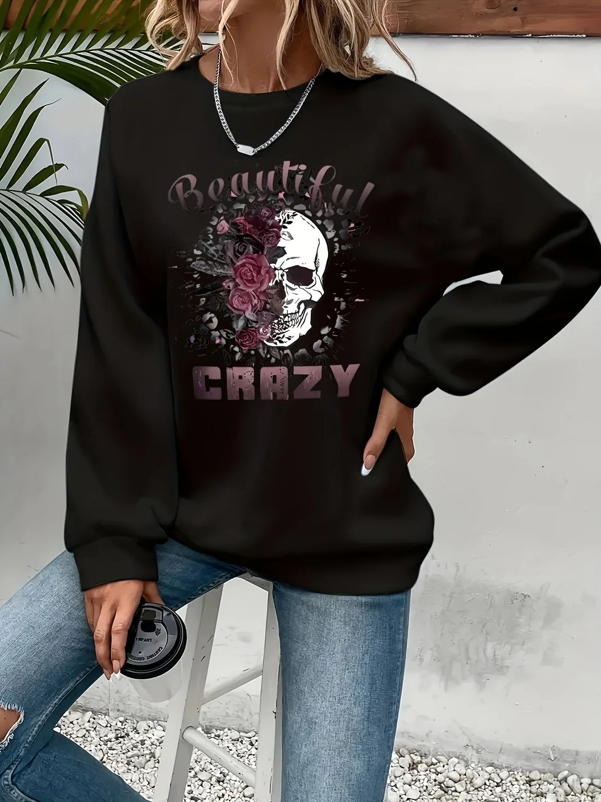 Felpa da donna con stampa a tema teschio, stile casual, design geometrico, maniche lunghe, scollo rotondo, lavabile in lavatrice, vestibilità regolare, ideale per l’autunno.