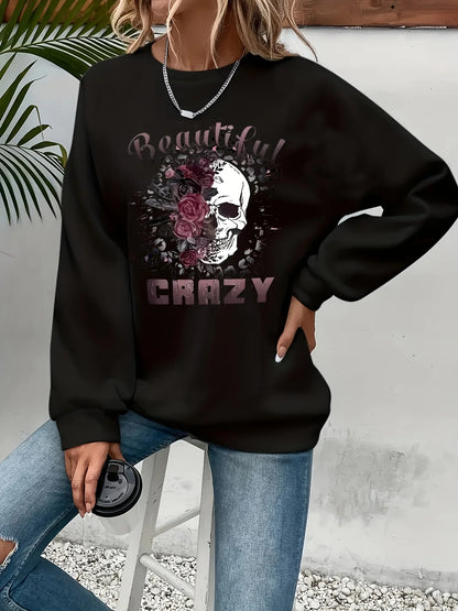 Felpa da donna con stampa a tema teschio, stile casual, design geometrico, maniche lunghe, scollo rotondo, lavabile in lavatrice, vestibilità regolare, ideale per l’autunno.