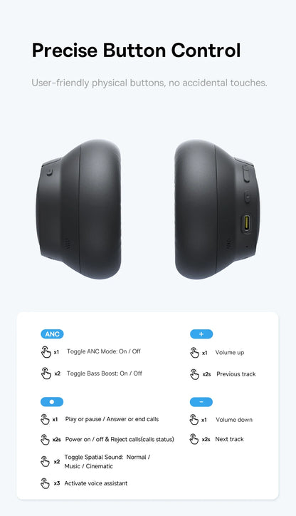 Cuffie Wireless ANC Baseus 80H, Auricolari Over-Ear con 95% di Cancellazione del Rumore, Cuffie Bluetooth 6.0 BH1 NC LITE