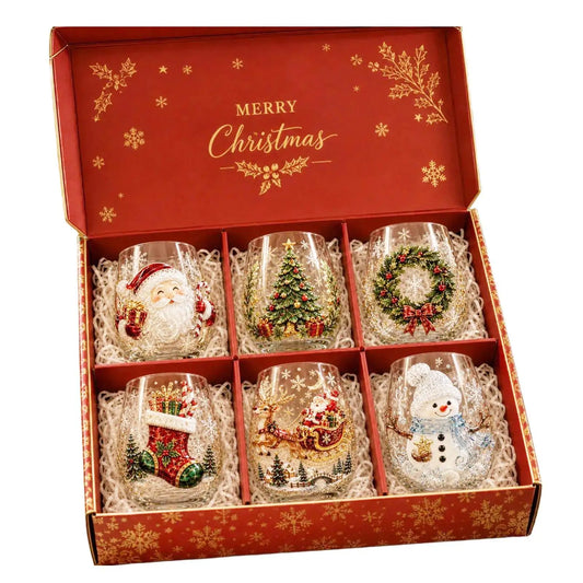 Set di 6 bicchieri natalizi da 300 ml senza piedistallo con decorazioni in rilievo 3D di Babbo Natale e pupazzo di neve per vino, caffè e cocktail.