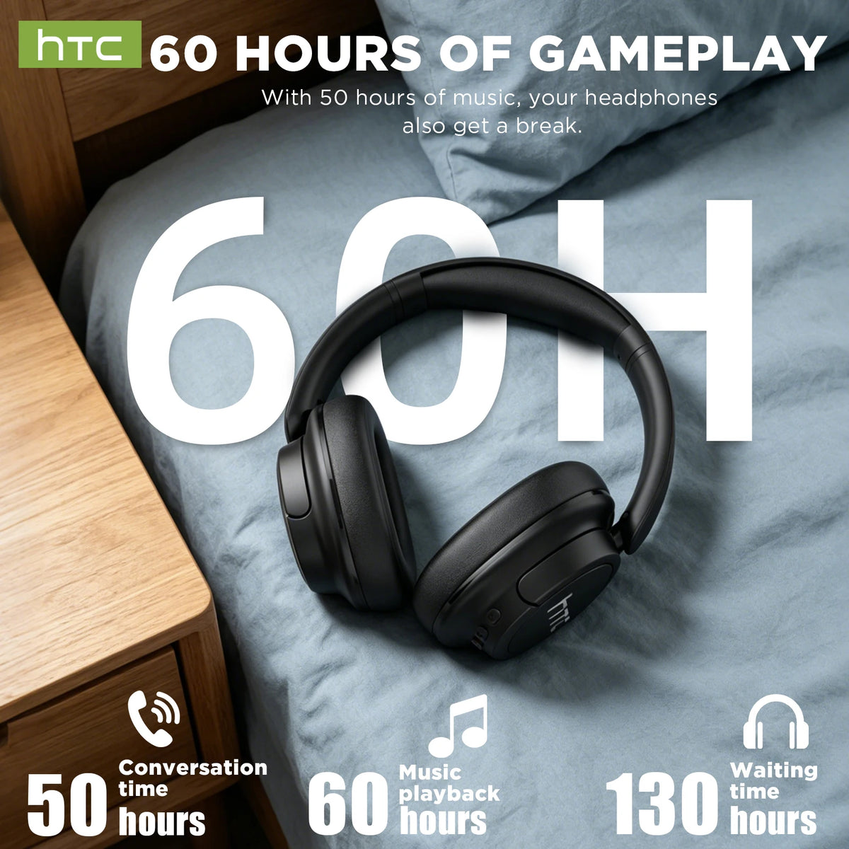 Cuffie da gioco wireless Bluetooth over-ear HTC HP10 pieghevoli HiFi Stereo con 60 ore di riproduzione, bassi profondi, comode e portatili