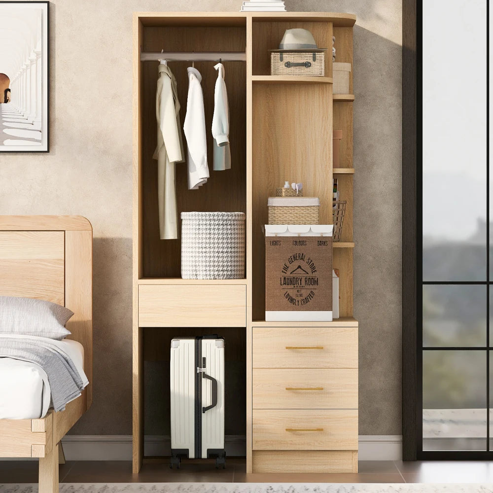 Armadio Moderno Multifunzionale Autoportante, 70 × 55 × 175 Cm, Mobile per la Conservazione dei Vestiti con Finitura in Legno di Alta Qualità, Scomparti di Stoccaggio a Più Livelli Integrati e Ampio Appendiabiti, Pratico