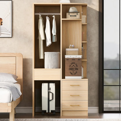 Armadio Moderno Multifunzionale Autoportante, 70 × 55 × 175 Cm, Mobile per la Conservazione dei Vestiti con Finitura in Legno di Alta Qualità, Scomparti di Stoccaggio a Più Livelli Integrati e Ampio Appendiabiti, Pratico