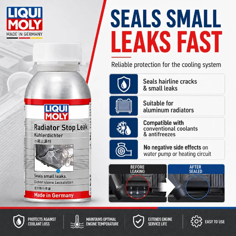 LIQUI MOLY Radiator Stop Leak 21352 150ml Sigillante per Sistema di Raffreddamento per Auto e Moto, Riparazione di Piccole Perdite nel Motore Raffreddato ad Acqua