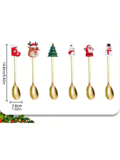 Set di posate da 12/6 pezzi in acciaio inossidabile a tema natalizio, cucchiai da caffè, forchette da dessert e cucchiai per la tavola delle festività