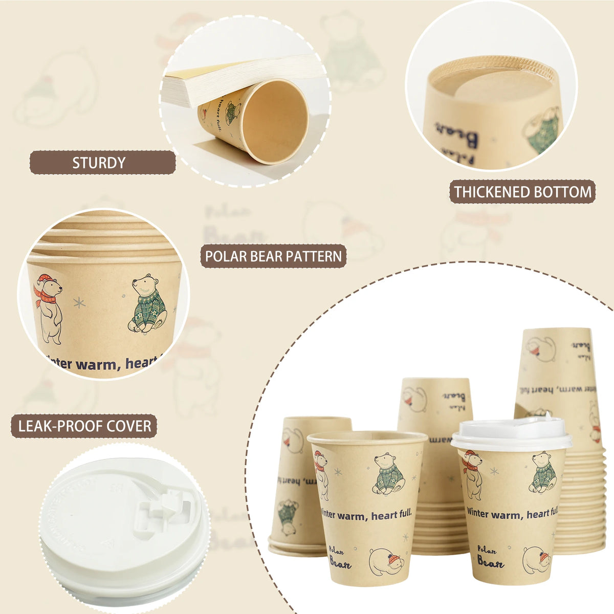 Bicchieri di carta usa e getta con motivo orso polare, polpa di bambù, panda, gatto, bicchieri di carta, stampa animalier, tazze da caffè con coperchio per uso domestico
