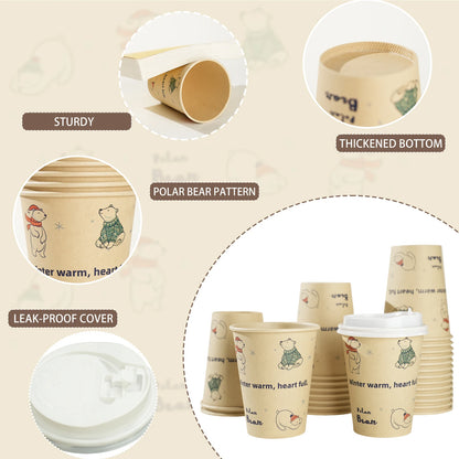 Bicchieri di carta usa e getta con motivo orso polare, polpa di bambù, panda, gatto, bicchieri di carta, stampa animalier, tazze da caffè con coperchio per uso domestico