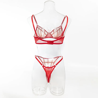 Saldi di liquidazione: Completi intimo sexy a quadri irregolari, 2 pezzi, con inserti in rete trasparente, reggiseni e perizomi, abiti erotici intimi