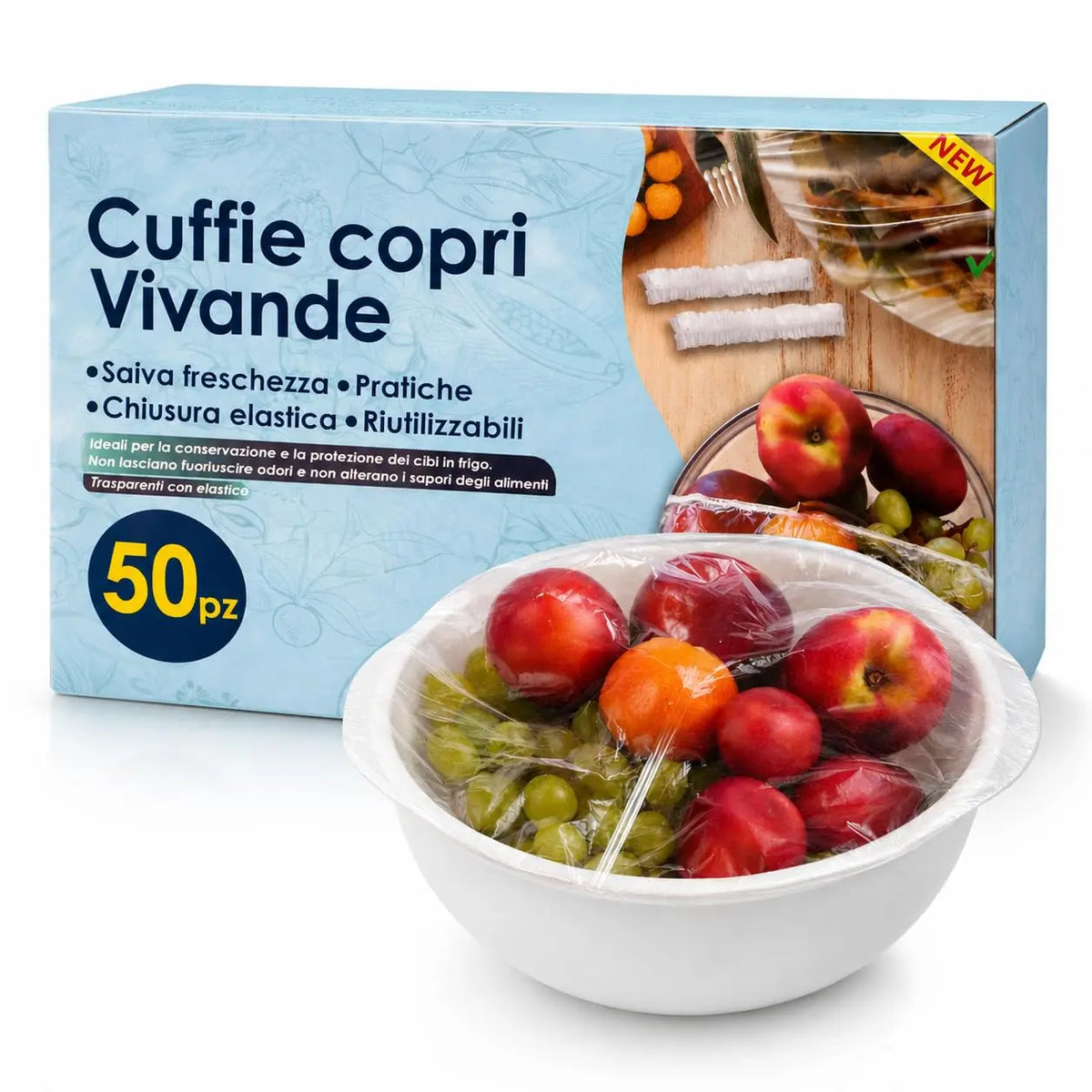 50 Cuffie Copri Alimenti Riutilizzabili con Elastico – Copri Vivande Trasparenti Estensibili 10-25 cm per Ciotole, Piatti e Contenitori, Conservazione Cibi in Casa, Frigo e Buffet