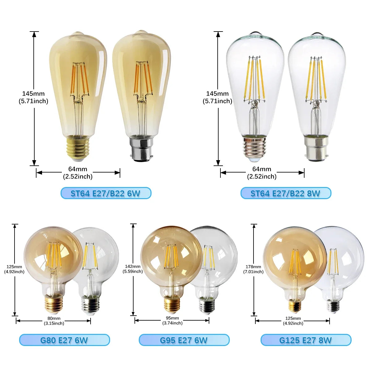 10 Lampadine LED E27 E14 B22 Stile Industriale Vintage, Retro Edison 8W 4W 6W 220V per Lampade a Filamento Incandescenti Edison