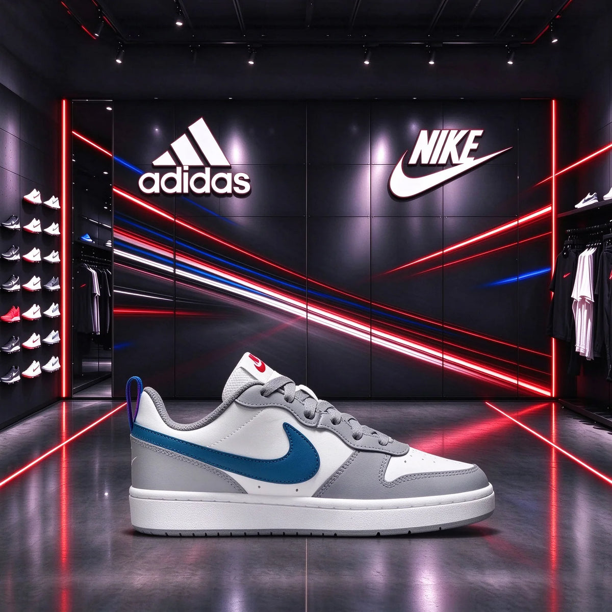 Sneakers Nike con colori a blocchi: bianco, grigio e blu lago – modello classico con grande logo a forma di S e suola piatta, versatili e di tendenza, BQ5448-117.