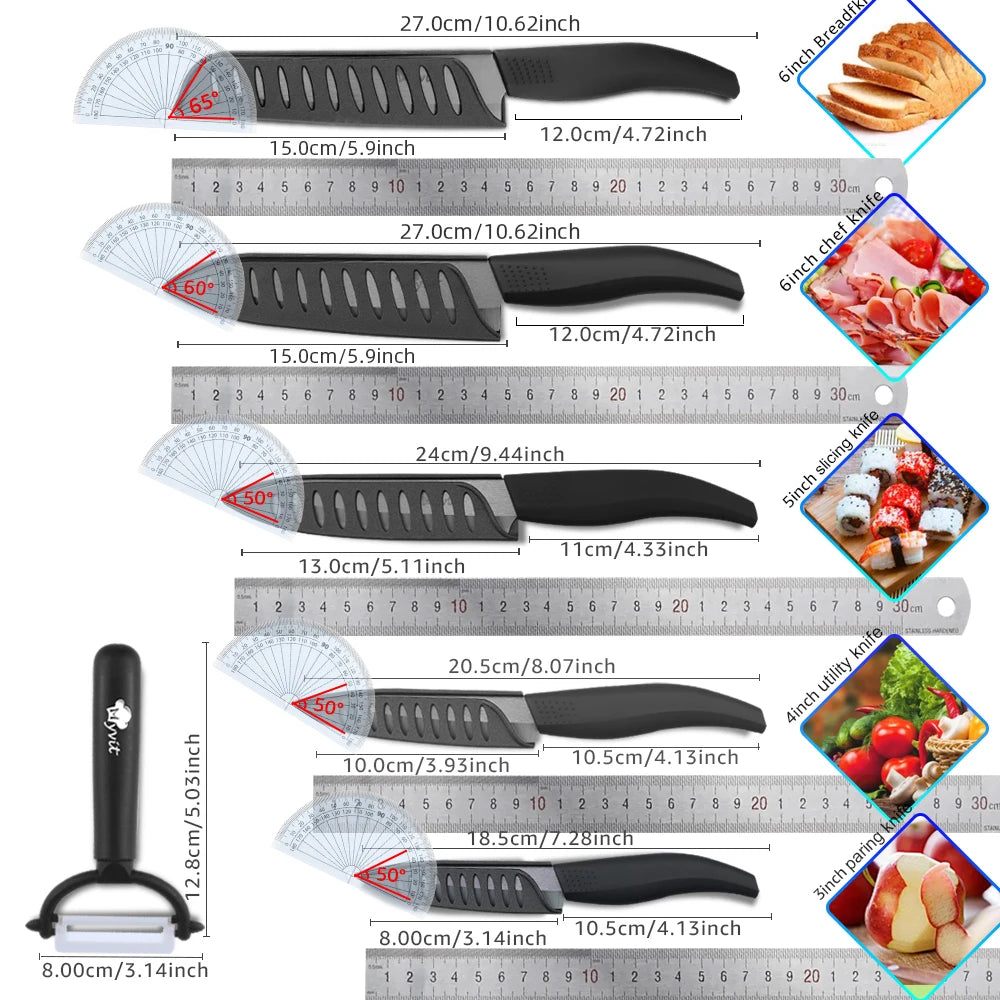 Set di Coltelli in Ceramica da 3, 4, 5, 6 Pezzi con Protezioni per le Lame, Coltelli Antiruggine per Frutta, Verdura, Formaggio e Carne