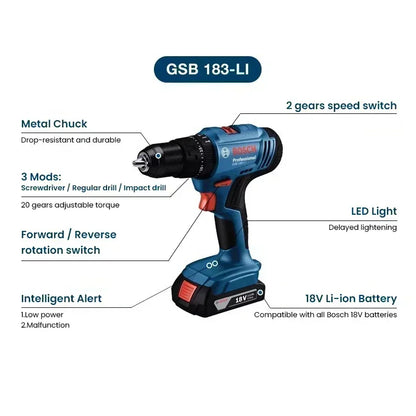 Trapano avvitatore a impulsi Bosch GSB 183-LI 18V senza spazzole 56Nm, avvitatore elettrico a batteria per legno e metallo