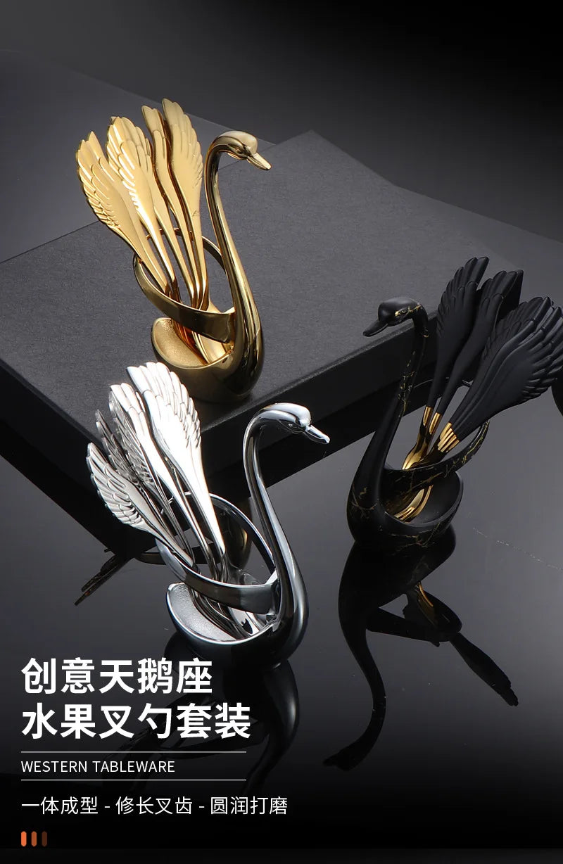Set di forchette eleganti con base a forma di cigno, cucchiaio da caffè, dessert e insalata in acciaio inossidabile, posate per torte, stoviglie a zero sprechi, dropship