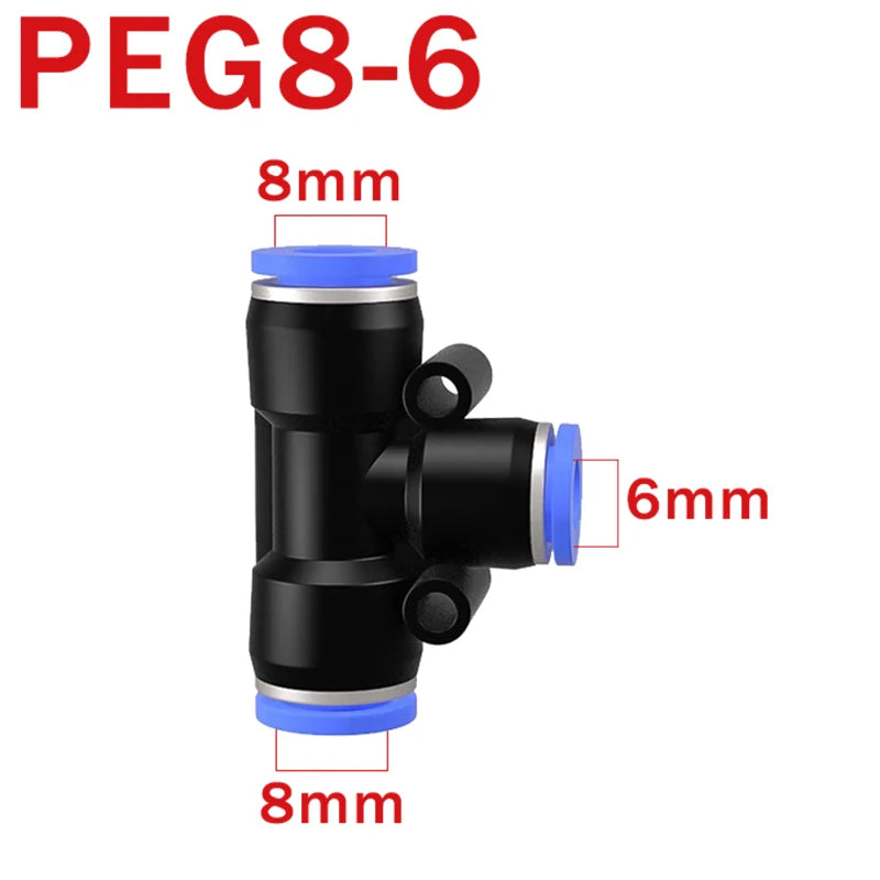10 pz. Connettore pneumatico PE PEG, raccordo rapido a T riduttore a 3 vie, tubo in plastica, connettore per tubo da 4/6/8/10/12 mm