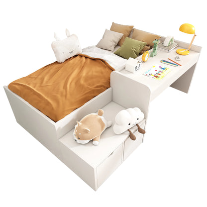 KOMHTOM Letto per bambini letto singolo 90x200 cm Bianco scrivania e cassetti letto contenitore senza materasso