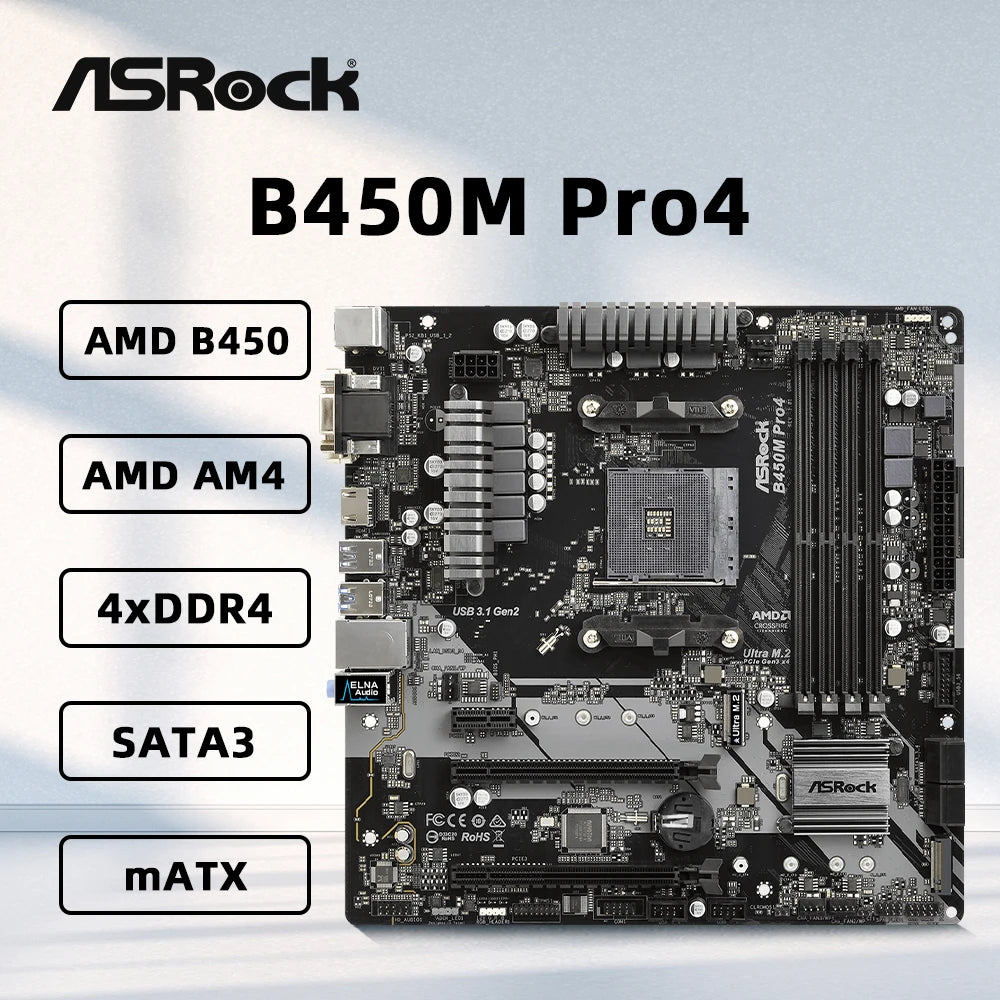 Scheda madre ASRock B450M PRO4, compatibile con CPU 5950X, 5800X3D, 5700X3D, 5600X, 5600G, 1700X, 2700X, socket AM4 AMD, 4 slot DDR4, 3200 MHz, formato MATX.