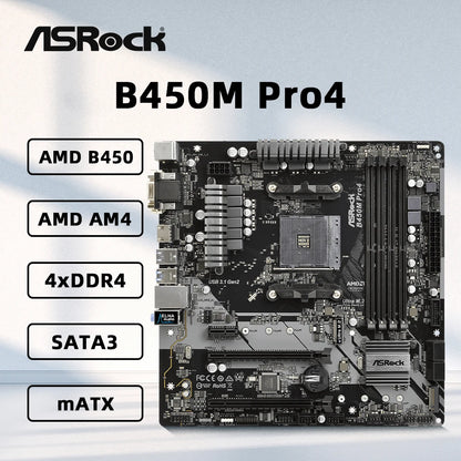 Scheda madre ASRock B450M PRO4, compatibile con CPU 5950X, 5800X3D, 5700X3D, 5600X, 5600G, 1700X, 2700X, socket AM4 AMD, 4 slot DDR4, 3200 MHz, formato MATX.