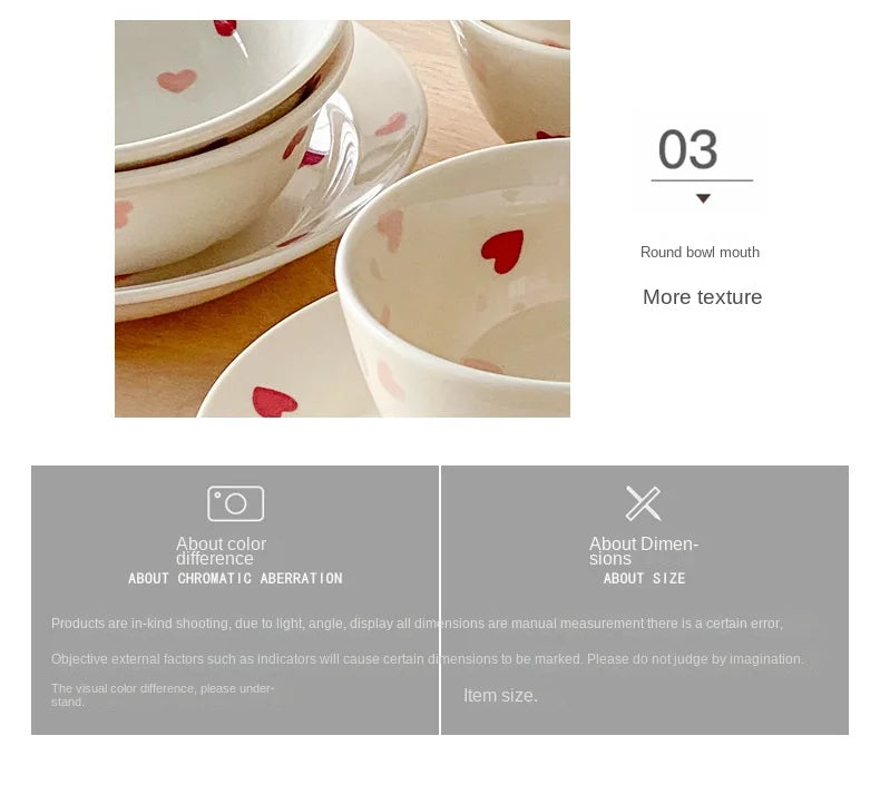 Set di stoviglie in ceramica a forma di cuore, piatto piano, insalatiera di riso, tazza da caffè, amore giapponese, regalo caldo per San Valentino
