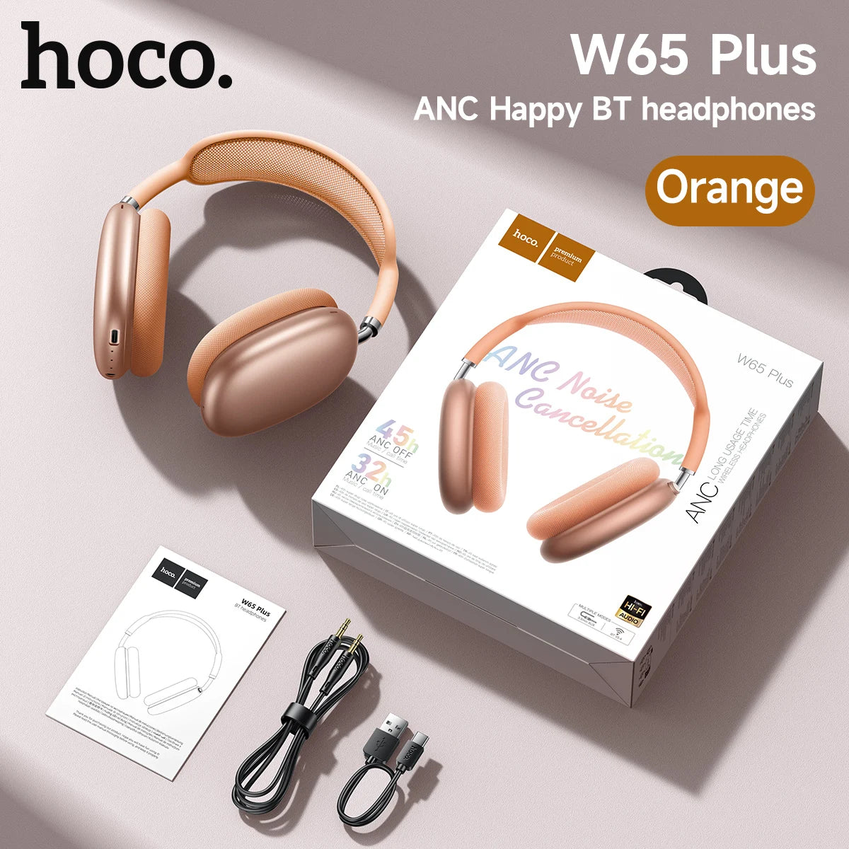 Cuffie Bluetooth HOCO W65 Plus con cancellazione del rumore ANC, auricolari wireless over-ear, suono Hi-Fi, cuffie sportive con pulsante.