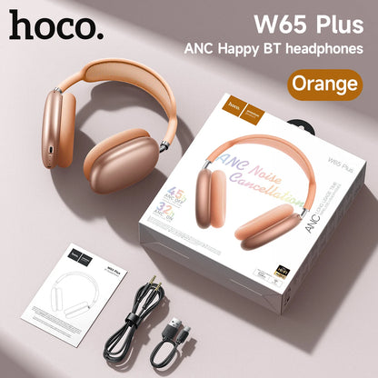 Cuffie Bluetooth HOCO W65 Plus con cancellazione del rumore ANC, auricolari wireless over-ear, suono Hi-Fi, cuffie sportive con pulsante.
