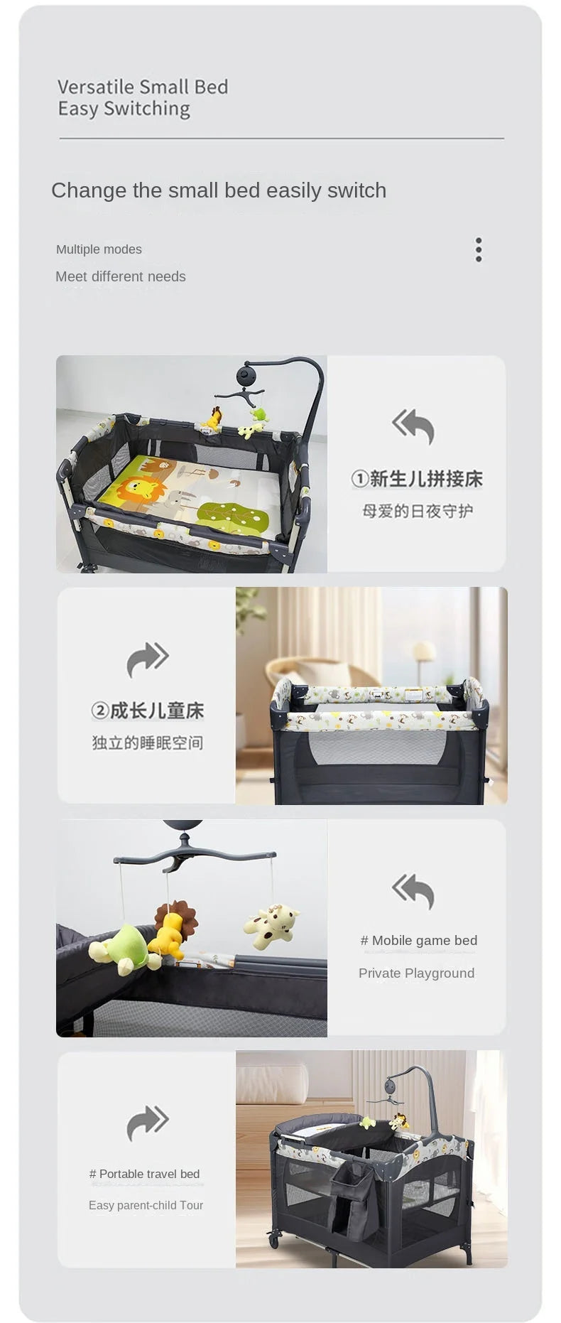 Culla per neonati 3 in 1, lettino da affiancare al letto, box portatile da viaggio con fasciatoio e giocattoli