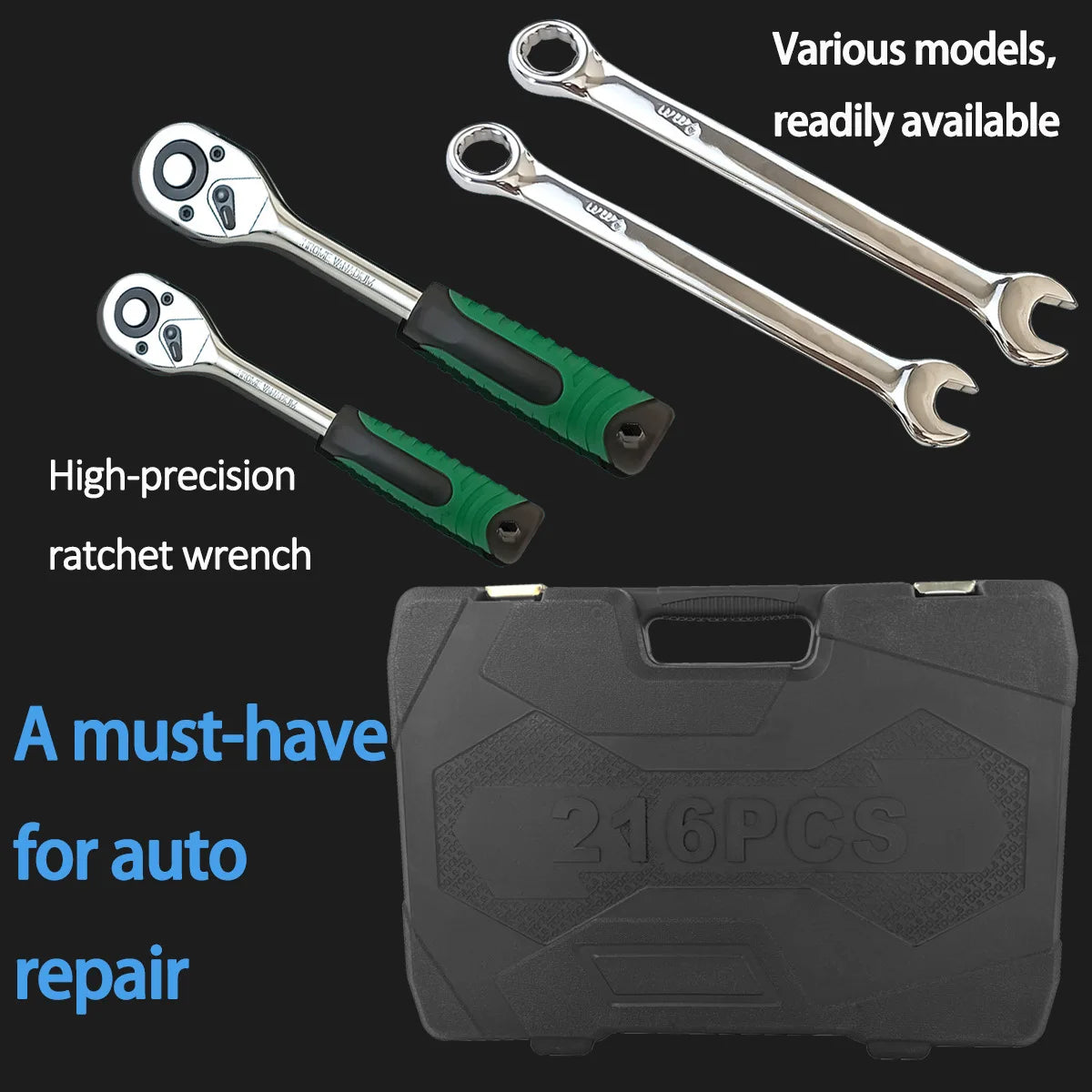 Set di 216 utensili meccanici, kit chiavi a bussola con attacco da 1/4, 3/8, 1/2, chiave a cricchetto, cacciavite, punte, utensili manuali in acciaio al cromo-vanadio, chiave a cricchetto combinata per la riparazione di auto