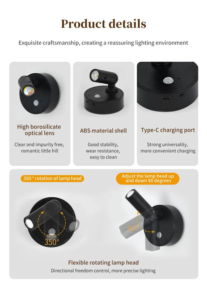 Lampada da Parete LED con Sensore di Movimento, Interruttore Touch, Luce Notturna, Faretto Magnetico Wireless Dimmerabile per Camera da Letto, Armadio, Scale, Decorazione