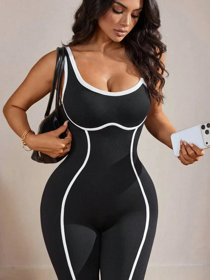 Tuta da yoga senza cuciture per donna, con bordi bianchi, senza maniche, con spalline sottili, body da palestra, controllo della zona addominale, effetto push-up sui glutei, ideale per allenamento, corsa e fitness.