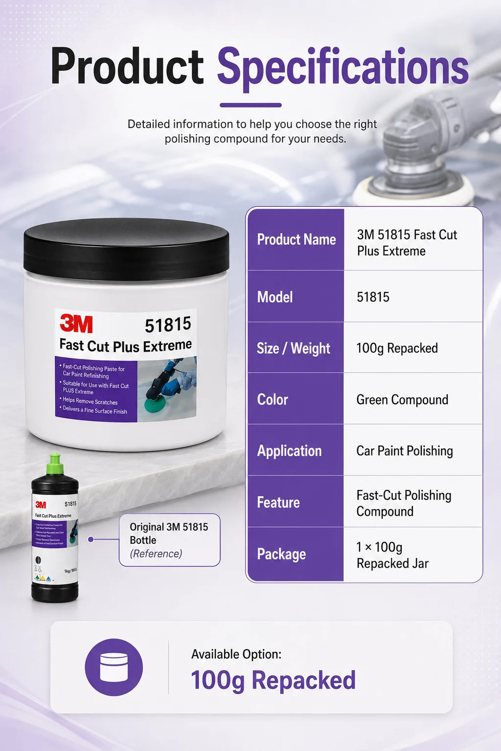 Composto Professionale 3M 51815 Fast Cut Plus Extreme per Lucidatura e Rimozione Graffi Vernice Auto, Confezione da 100g