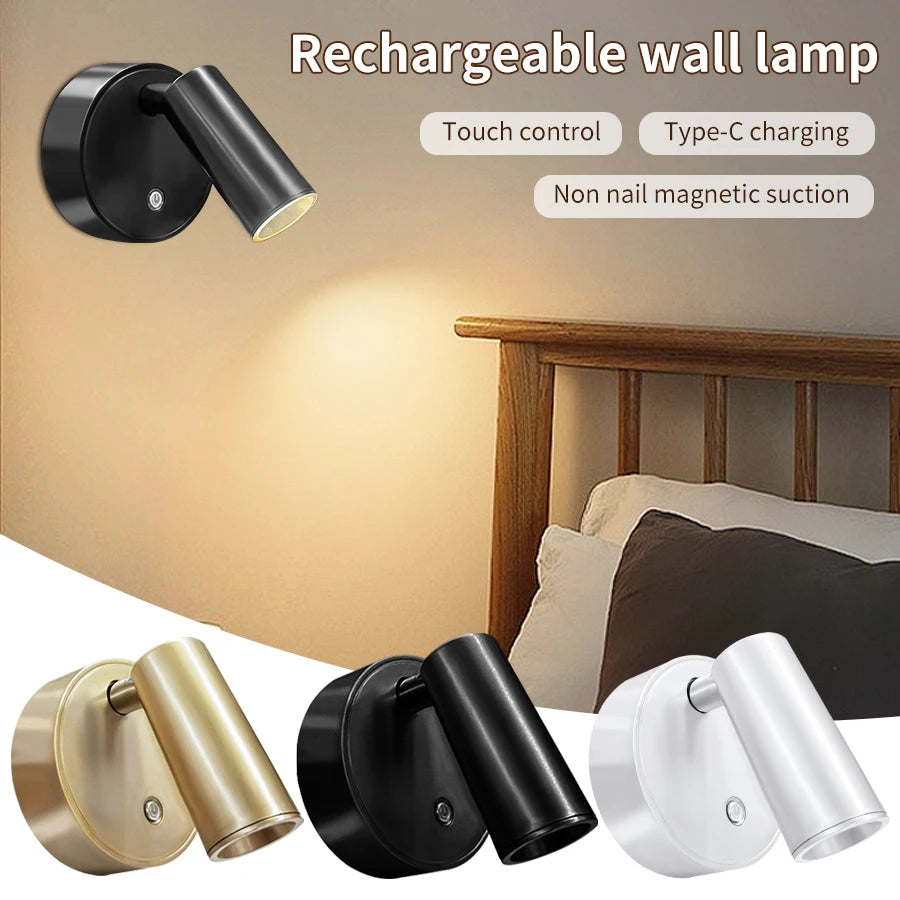 Faretto LED ricaricabile USB Lampada da parete magnetica senza fili Sensore tattile Dimmerabile Faretto per camera da letto per porta dell'armadio a 3 colori