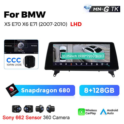 Sistema Multimediale Intelligente MEKEDE con CarPlay Wireless e Android Auto per BMW X5 E70 X6 E71, Schermo QLED da 10.25/12.3 Pollici, Android 14, CPU Snapdragon, Radio e Navigazione GPS per Auto