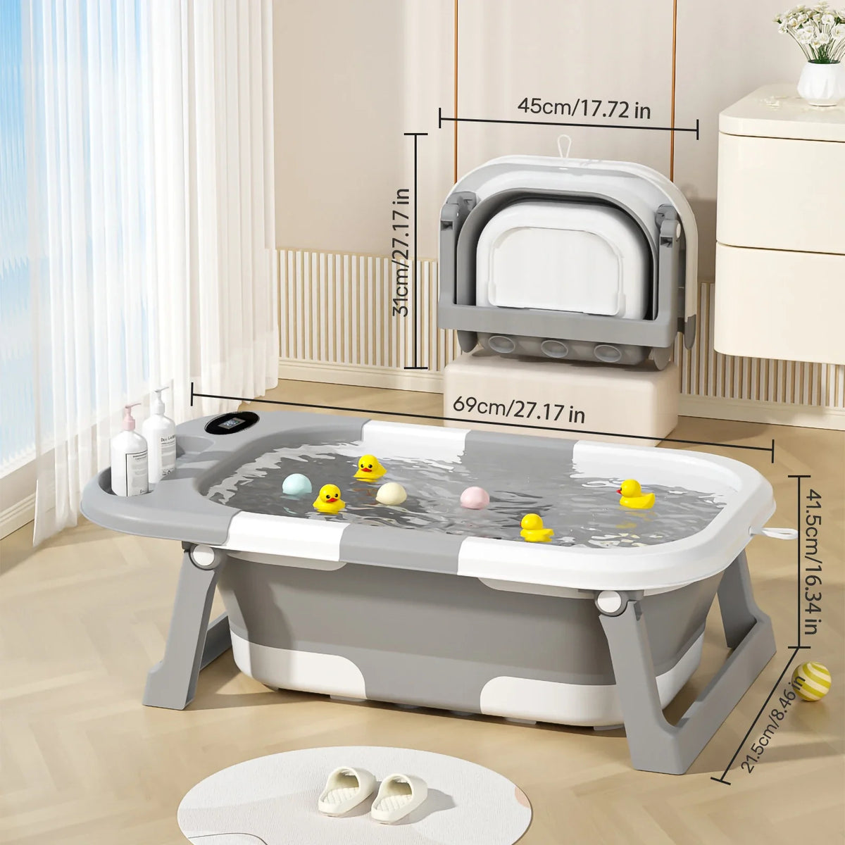 Vasca da bagno per neonati con foro di scarico, pieghevole, con cuscino morbido, portatile da viaggio, antiscivolo integrato