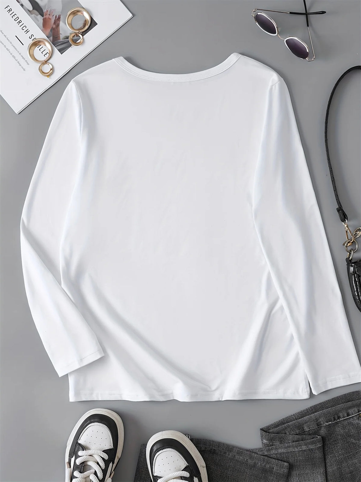 T-shirt da donna in 100% puro cotone, a maniche lunghe, con scollo rotondo, stile casual, con stampa grafica floreale, vestibilità ampia, ideale per la primavera e l'autunno.