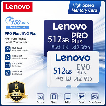 Scheda Micro SD ad alta velocità Lenovo, 1 TB, 512 GB, classe V30, U3, scheda di memoria Micro SD da 256 GB, per la registrazione di video in 4K, scheda TF per droni e action cam.