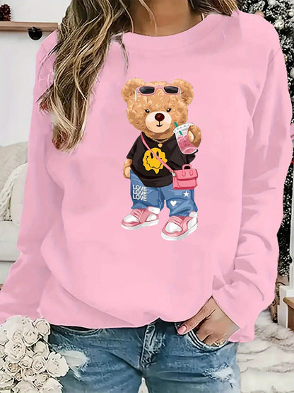 Maglione da donna, modello casual per l’autunno e l’inverno, ampio e comodo, caldo, con stampa a tema cartone animato, scollo rotondo e maniche lunghe.
