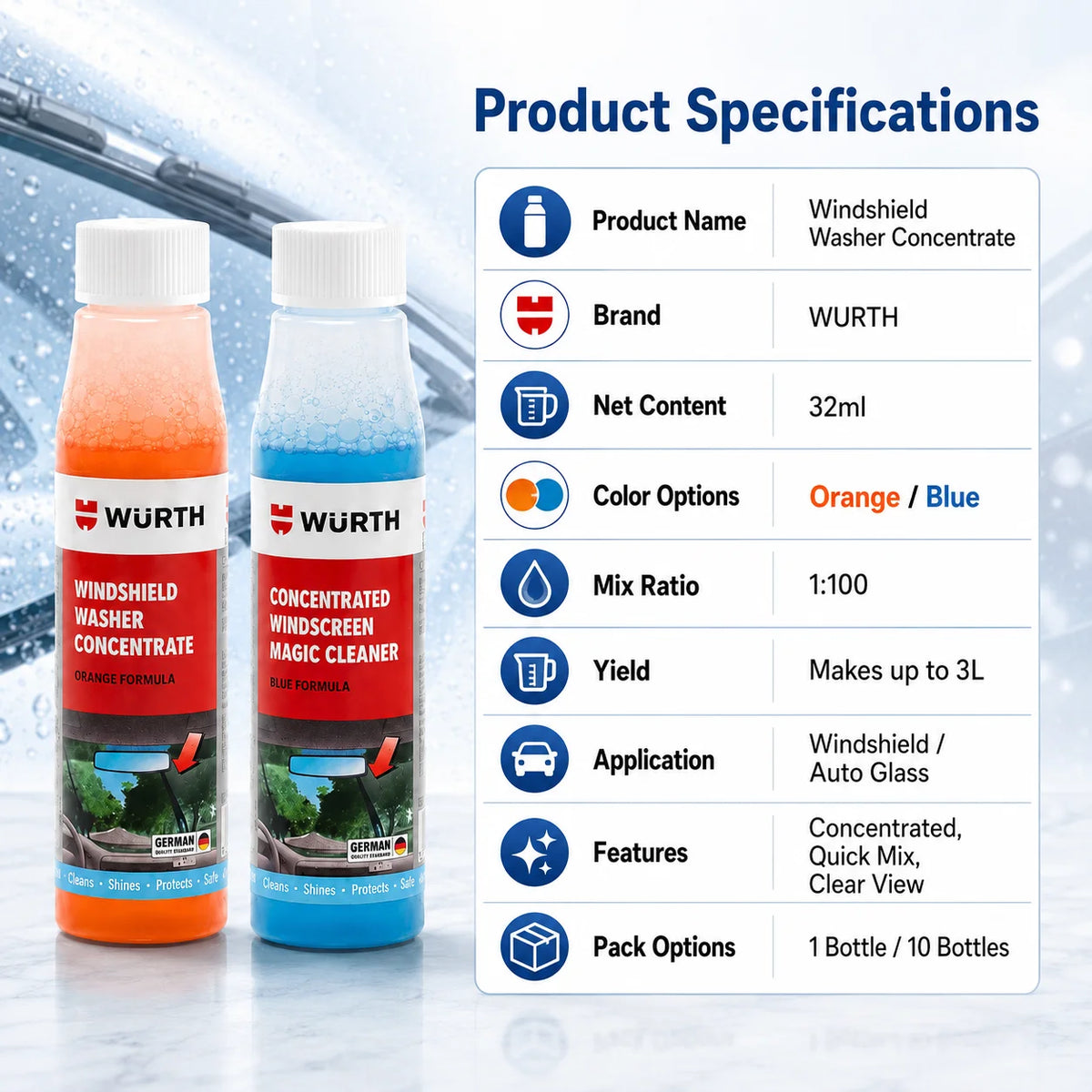 WURTH Detergente Concentrato per Parabrezza 1:100 Miscelazione Rapida Senza Aloni per Vetri Auto 32ml Arancione Blu