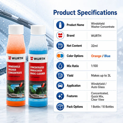 WURTH Detergente Concentrato per Parabrezza 1:100 Miscelazione Rapida Senza Aloni per Vetri Auto 32ml Arancione Blu