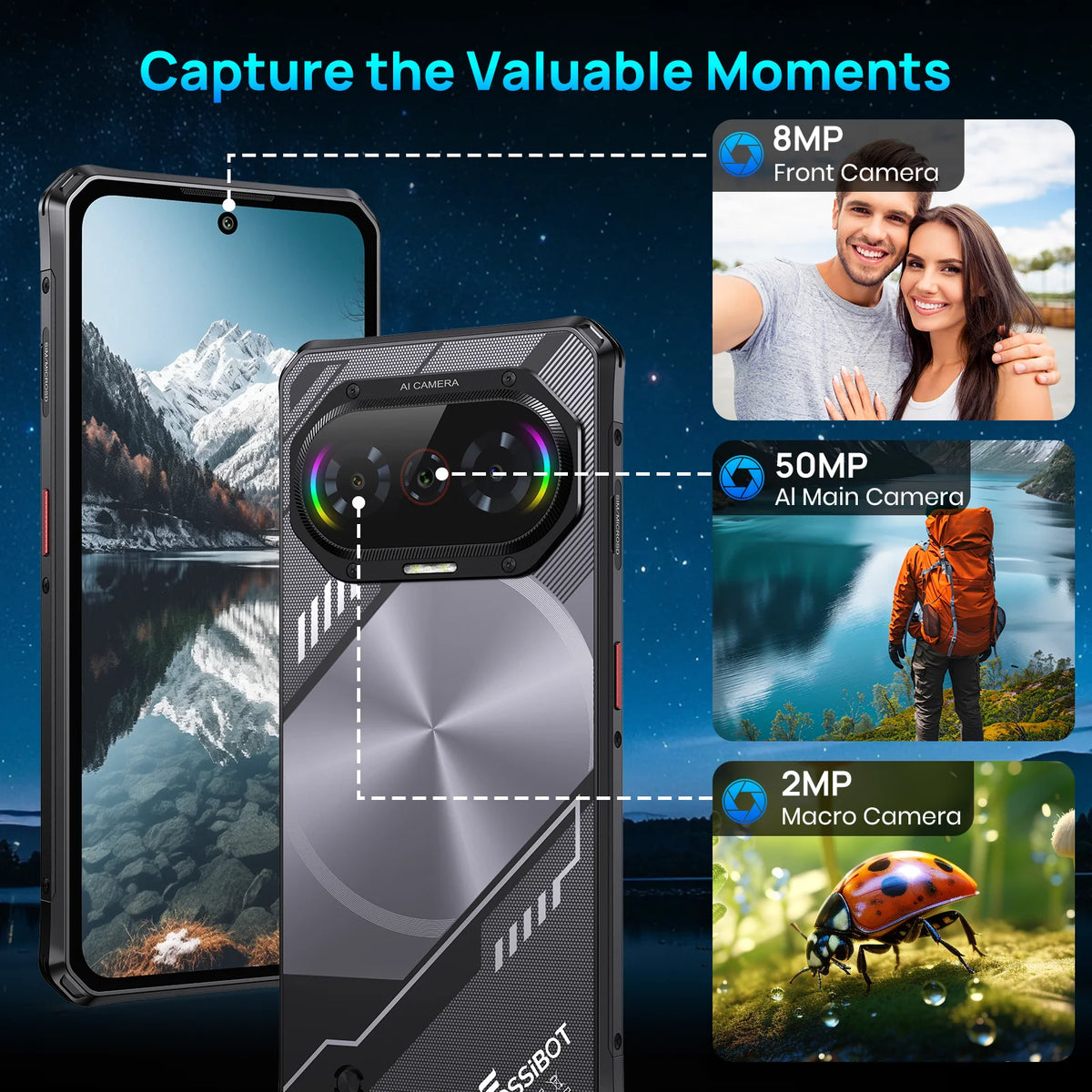 Fossibot F114, smartphone robusto e ultra sottile, Android 15, 16 GB di RAM (4+12 GB espandibili), 128 GB di ROM, display HD+ da 6,67", batteria da 5000 mAh con ricarica da 18 W, fotocamera 500 MP + 8 MP + 2 MP.