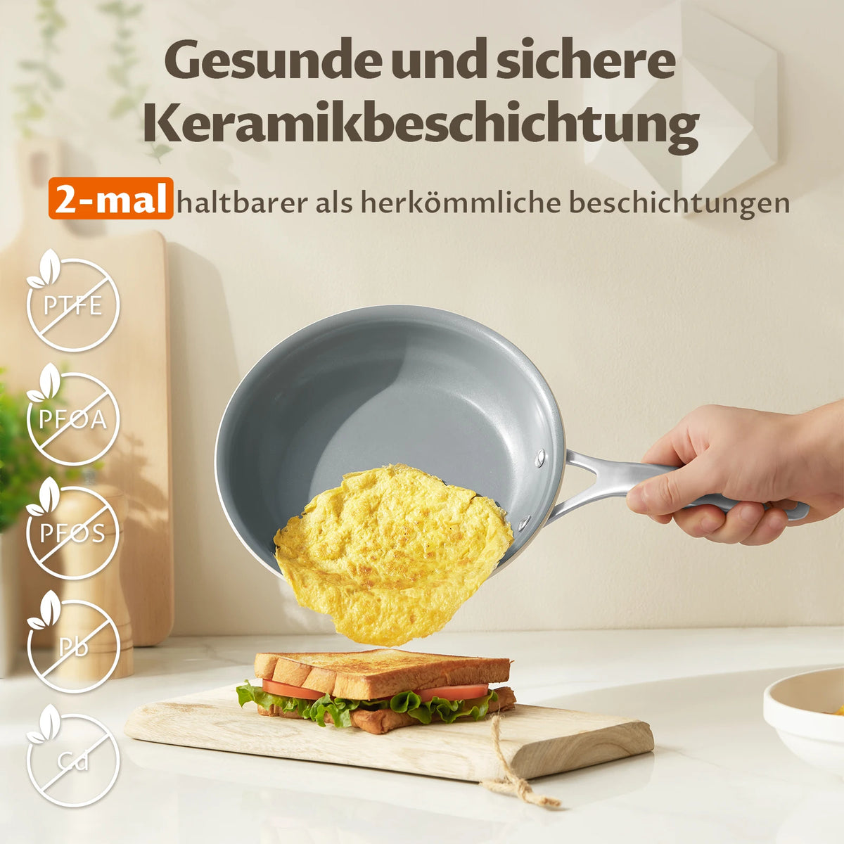 Padella in ceramica a induzione 28 cm con manico in acciaio fuso, beige, padella in ceramica senza PTFE e PFOA, padella in ceramica a induzione 28 cm, non-s